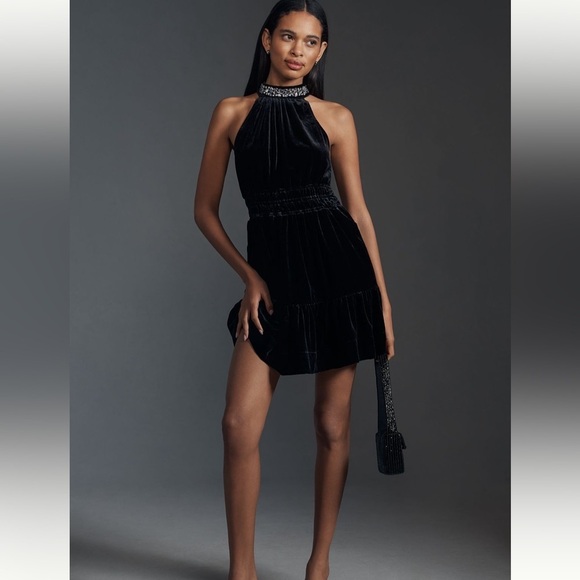 NWT new Anthropologie somerset velvet halter dress medium jewel beaded neck - Picture 11 of 17